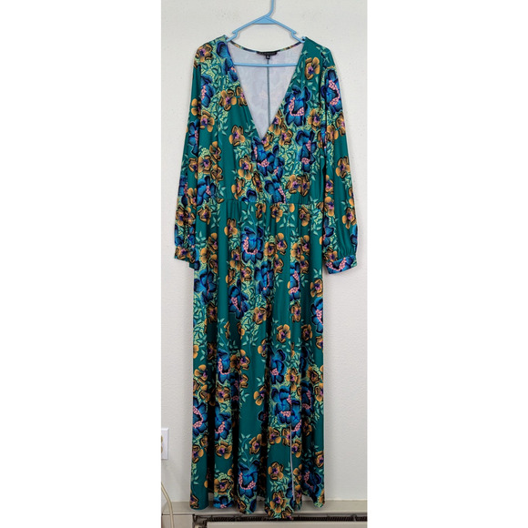 Eloquii sz 20 Faux Wrap Maxi length Dress green floral print slinky ls 1554 - Picture 1 of 6